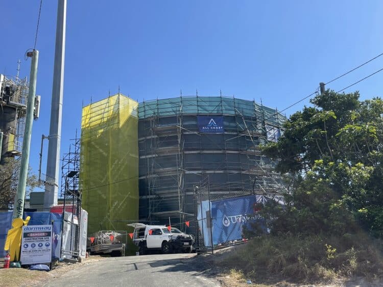Peregian Beach water reservoir is undergoing maintenance and will have artwork repainted. Image: Unitywater